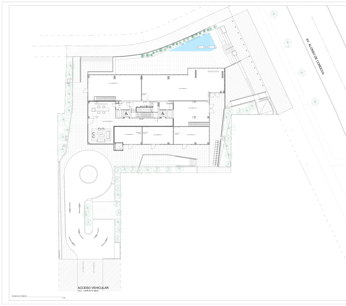 Plano del primer piso con los seis locales comerciales a nivel calle