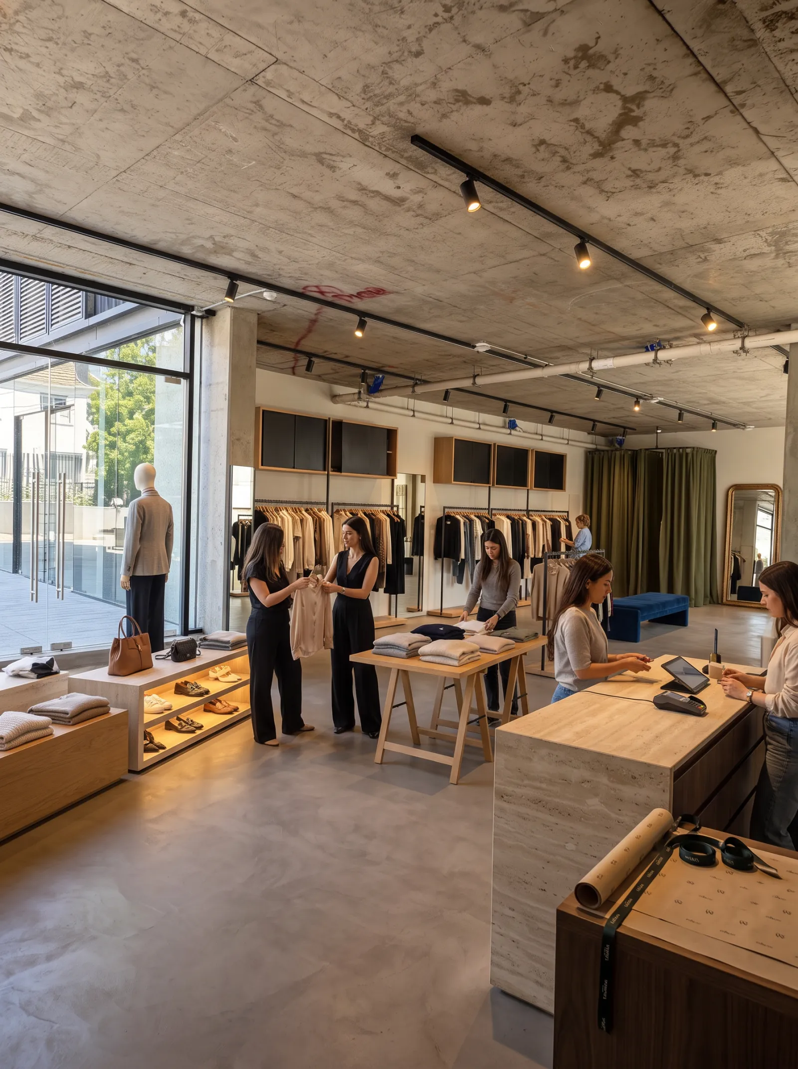 Boutique de ropa con percheros, mesa de exhibición y vitrina completa hacia la calle