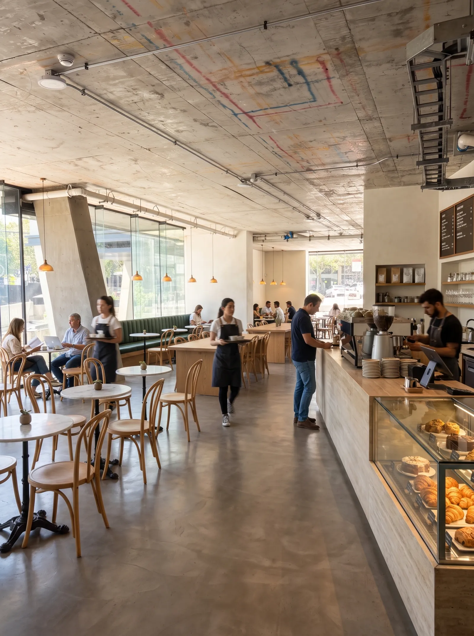 Cafetería de especialidad en la mañana, con barra de café, vitrina de pastelería y mesas junto al ventanal