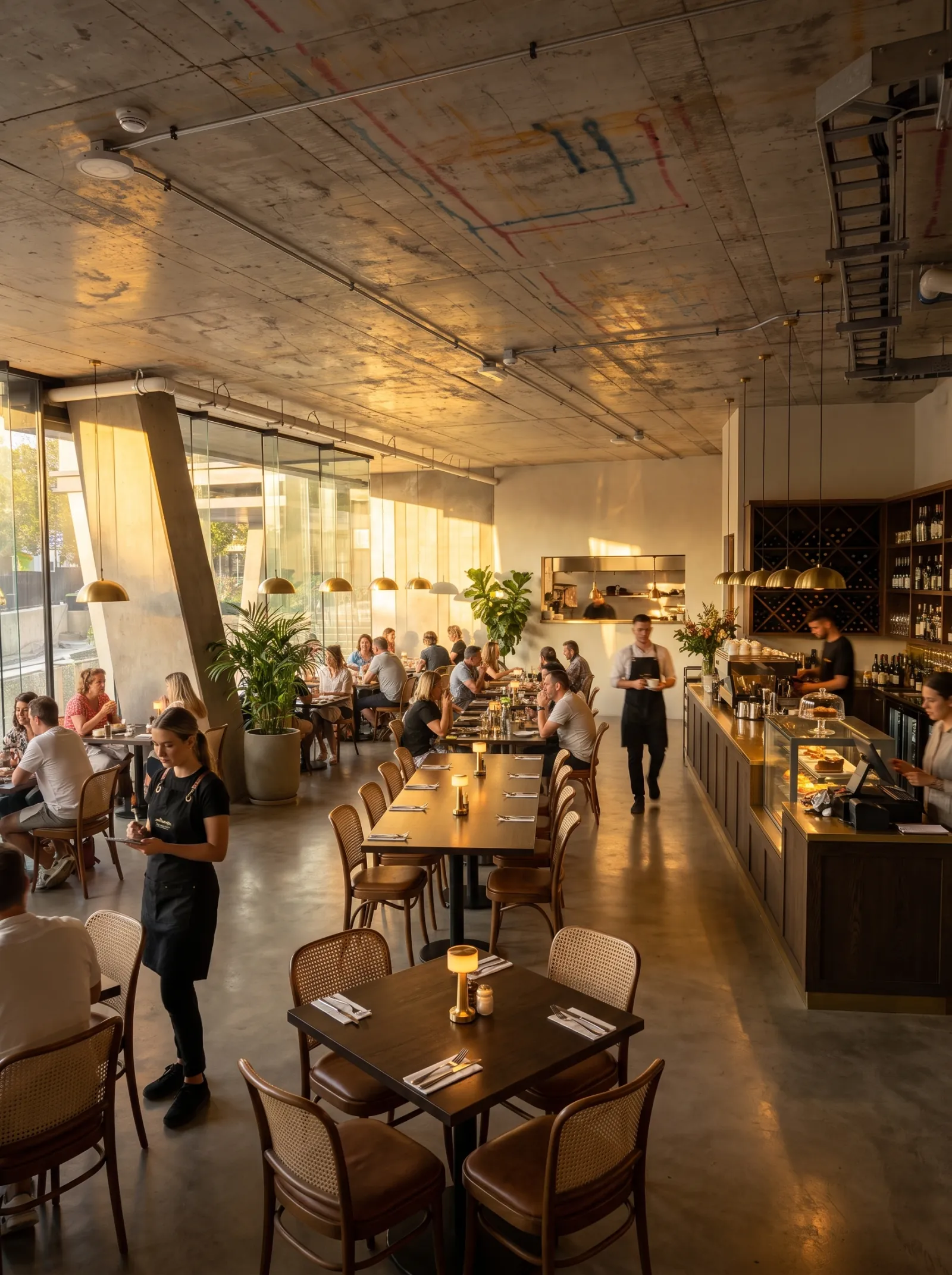 El mismo local al atardecer, operando como bar de vinos y tapas con las mesas ocupadas