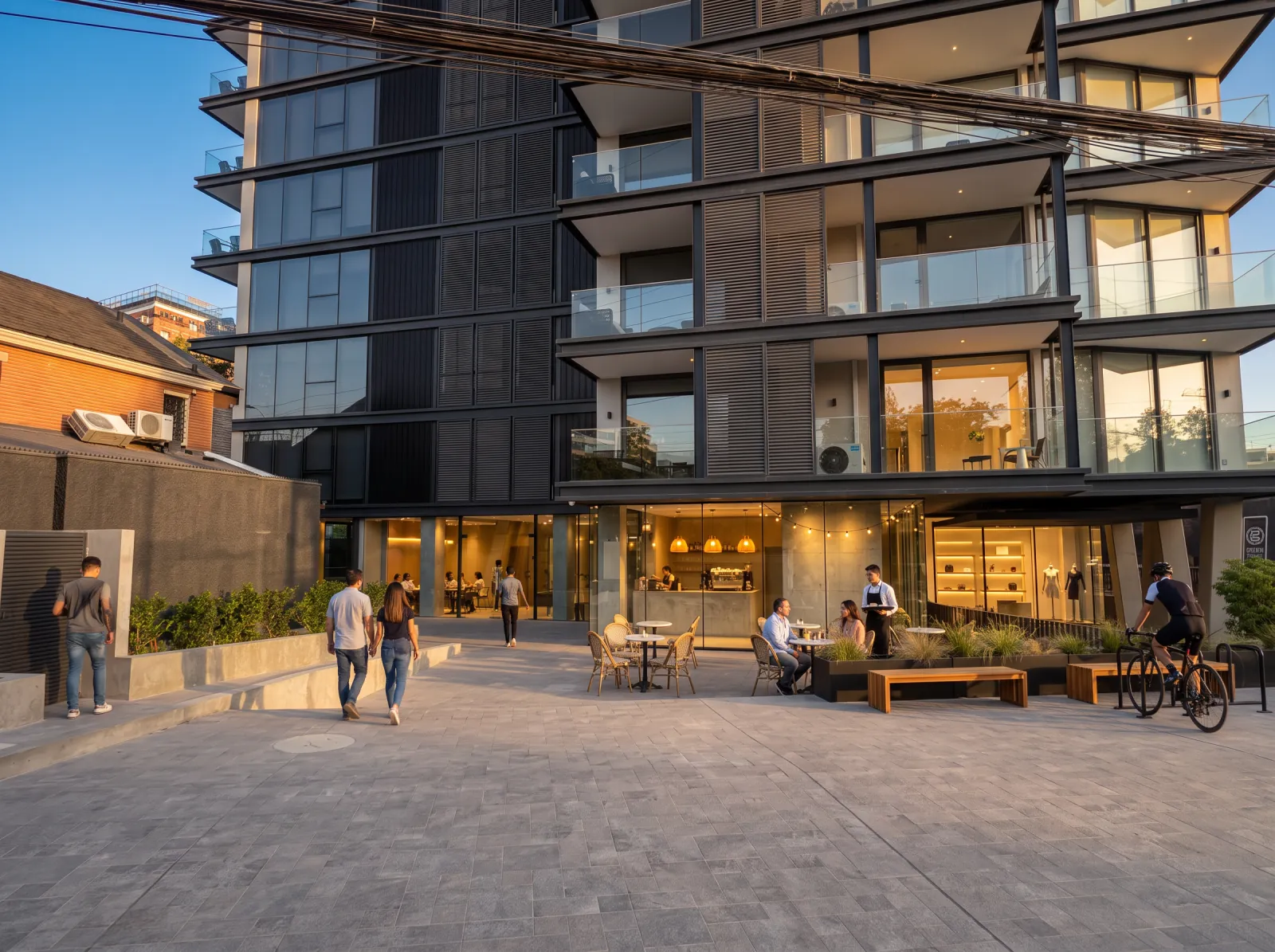 Plaza de acceso del edificio por Alonso de Córdova al atardecer, con locales iluminados y peatones