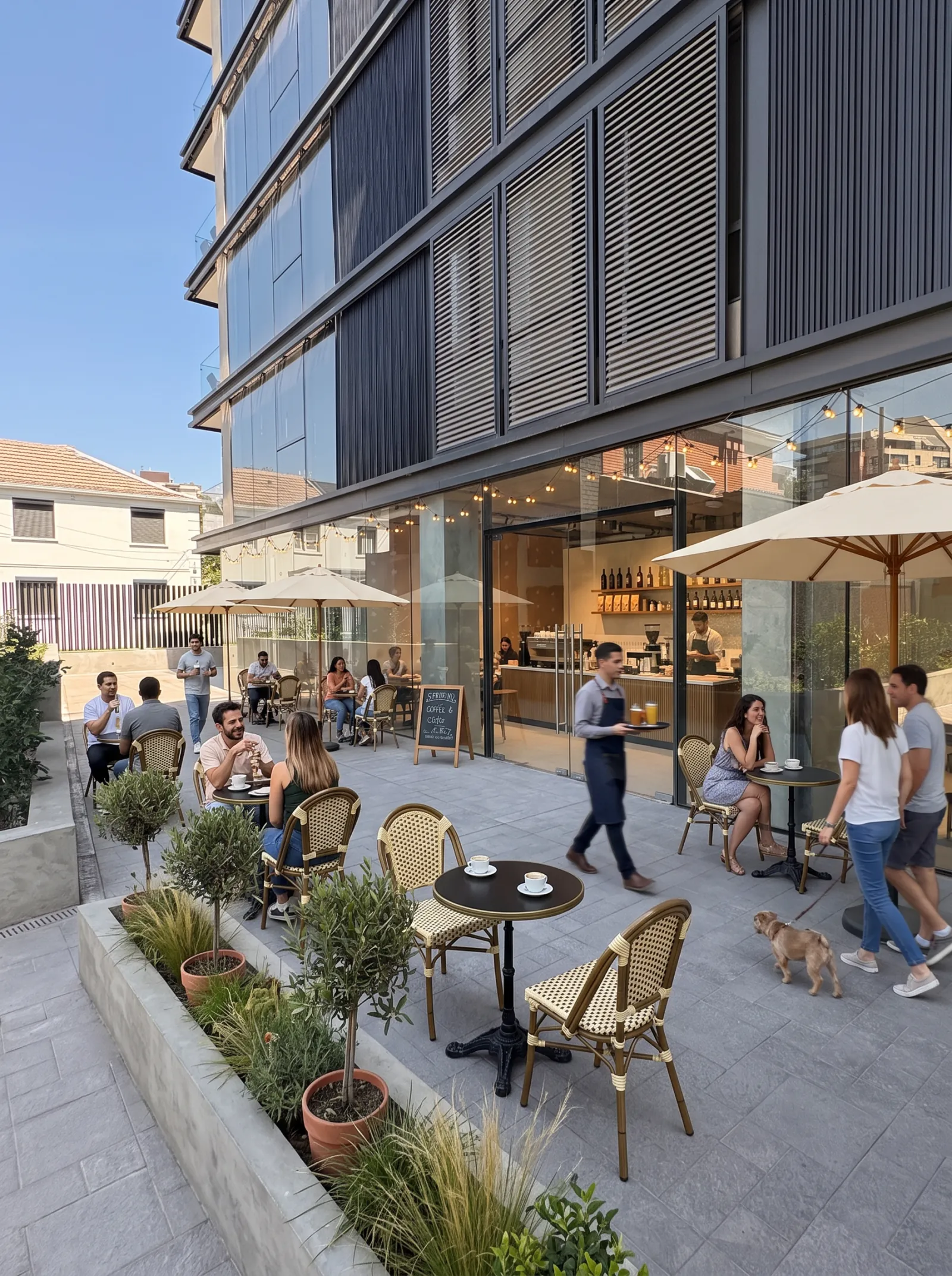 Terraza del paseo con mesas, quitasoles y público al sol de la tarde
