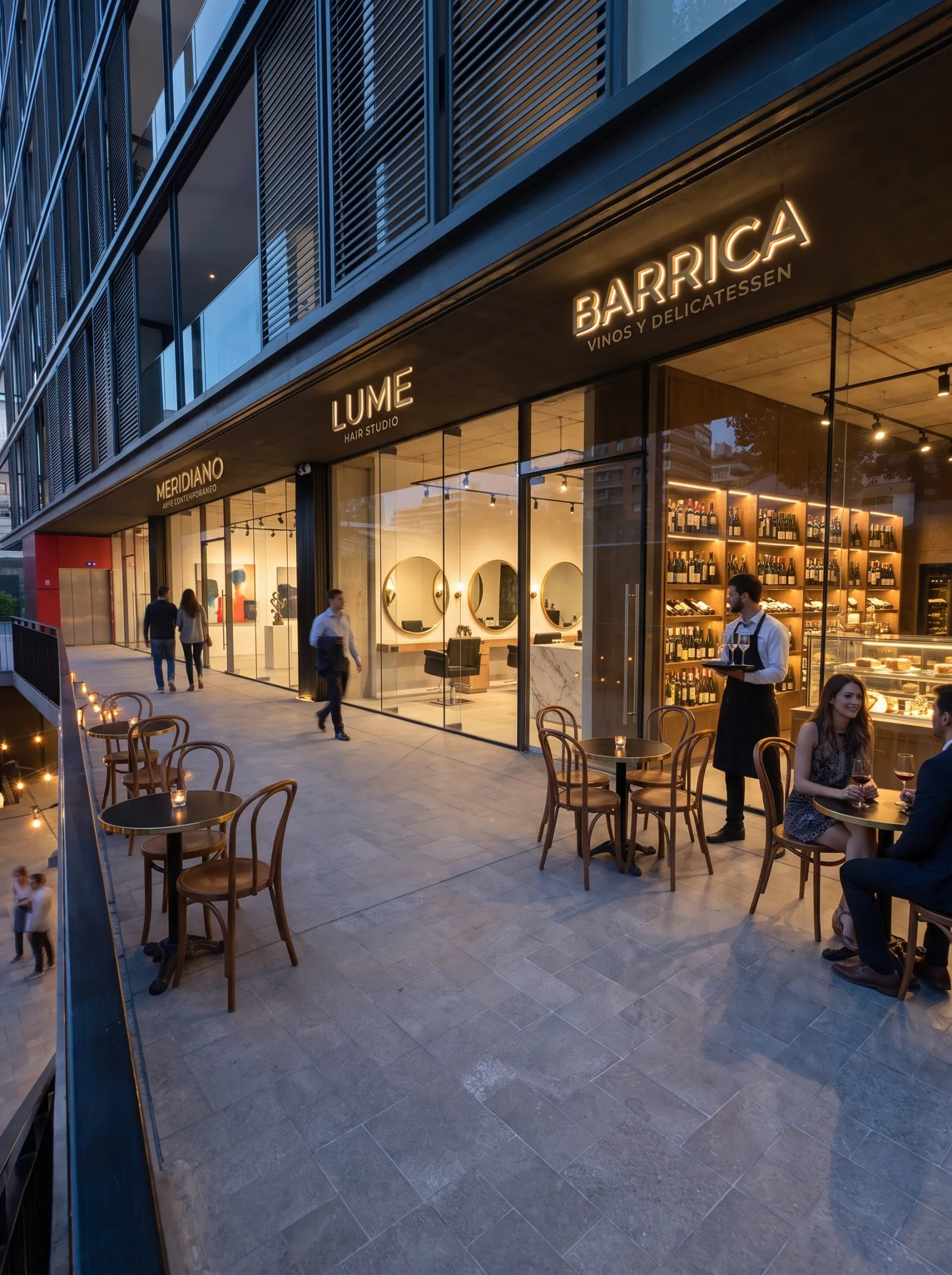 Frentes de tres tiendas iluminadas a lo largo del paseo comercial del edificio
