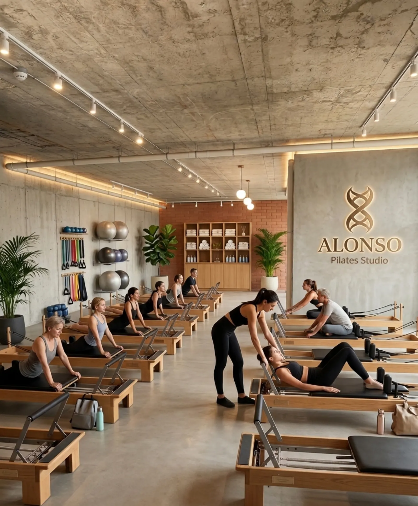 Sala de pilates equipada con reformers, muro de accesorios y logo del estudio al fondo